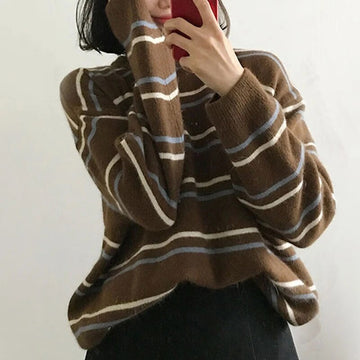Getadme Women Pullovers Crew-Neck Knitted Jumper New Student Striped Sweater Aesthetic  Outfit